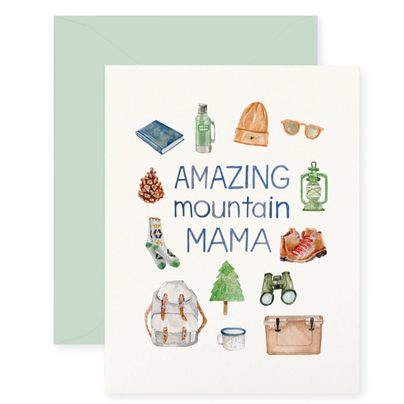 Greeting card with 'Amazing mountain MAMA' text and various mountain-themed illustrations on a white background.
