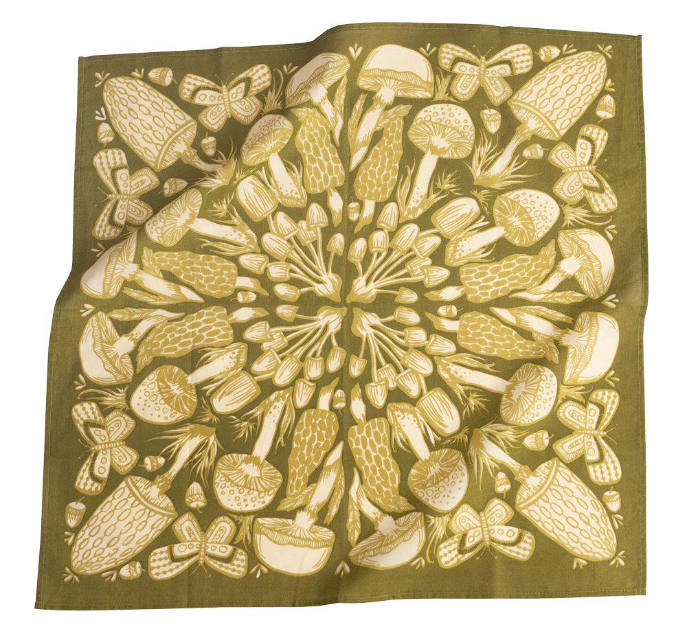 A green bandana with a cream pattern featuring various mushrooms and vegetables hand screen-printed on it.