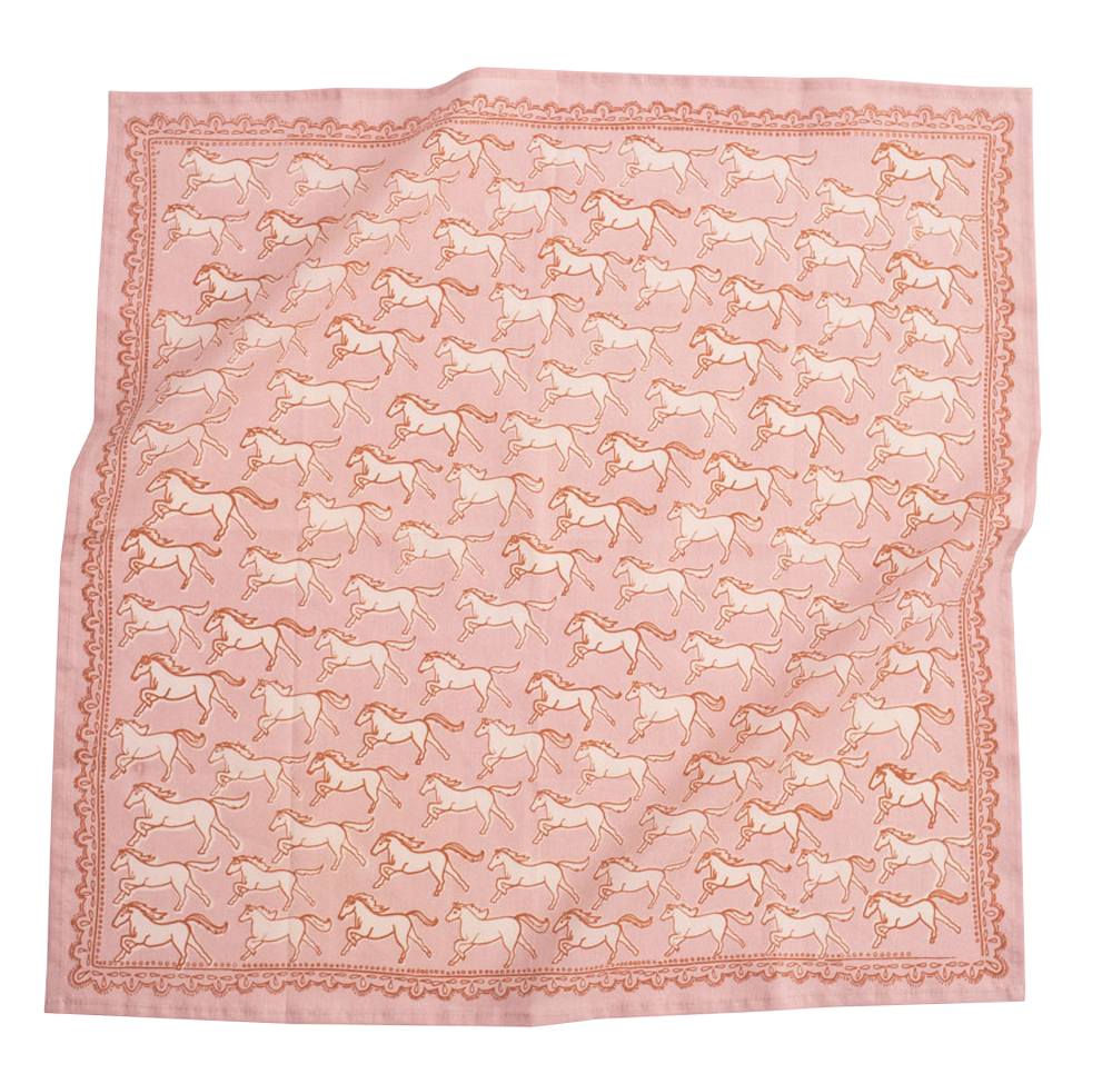 A light pink bandana with a horse pattern, laid flat.