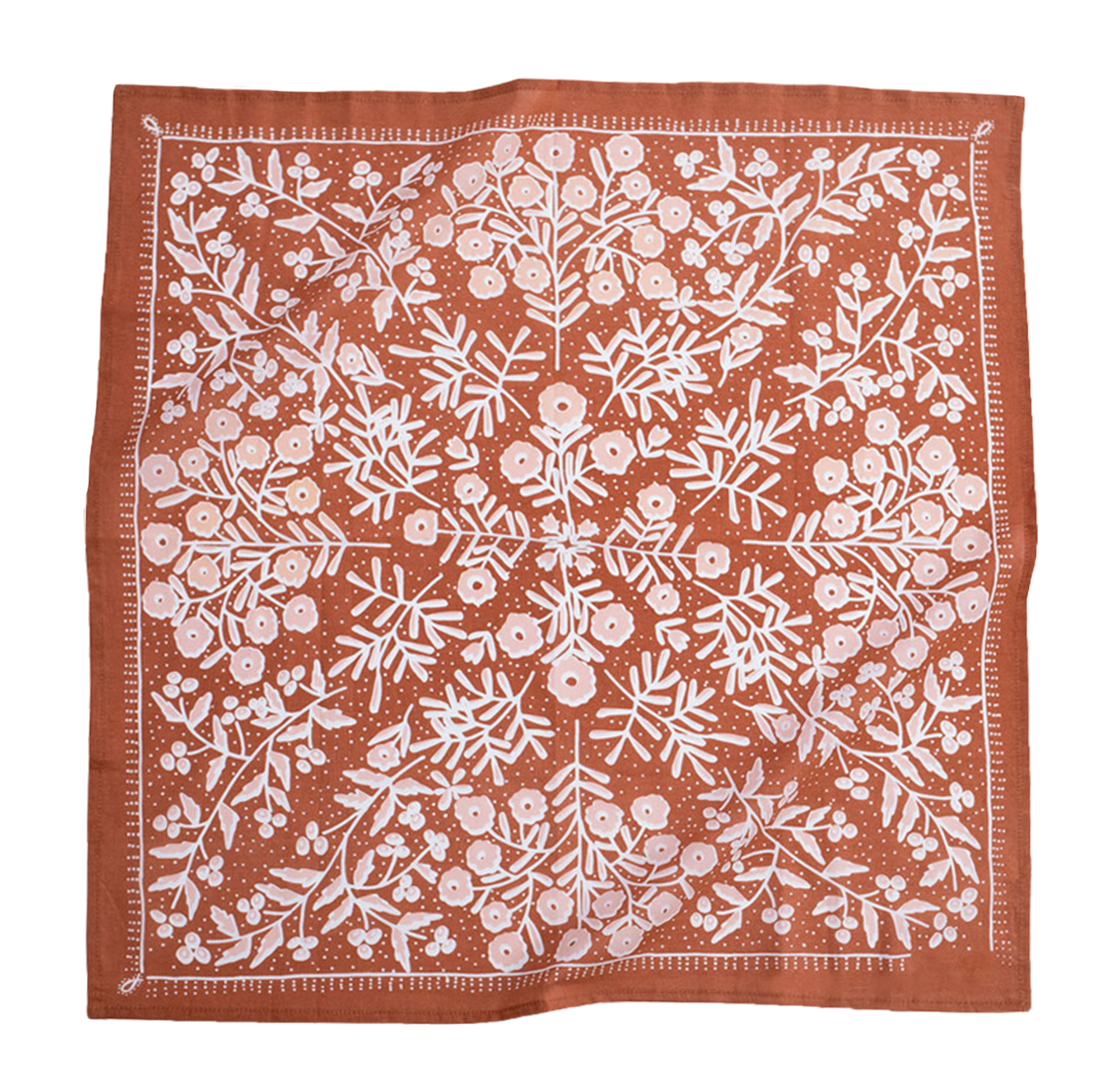 A copper-colored bandana with light pink floral patterns laid out flat.