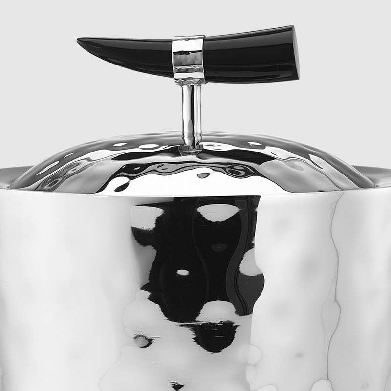 Close-up of a silver teapot with black handle on a white background