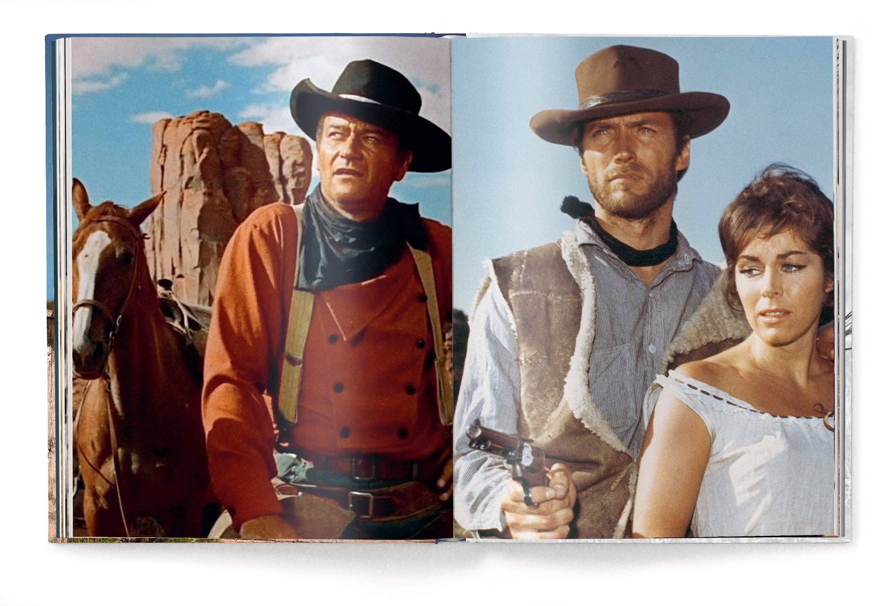 Book or magazine spread featuring three individuals in cowboy attire with a scenic background.