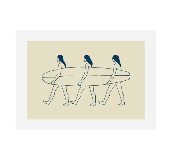 Illustration of three women holding a surfboard on a beige background