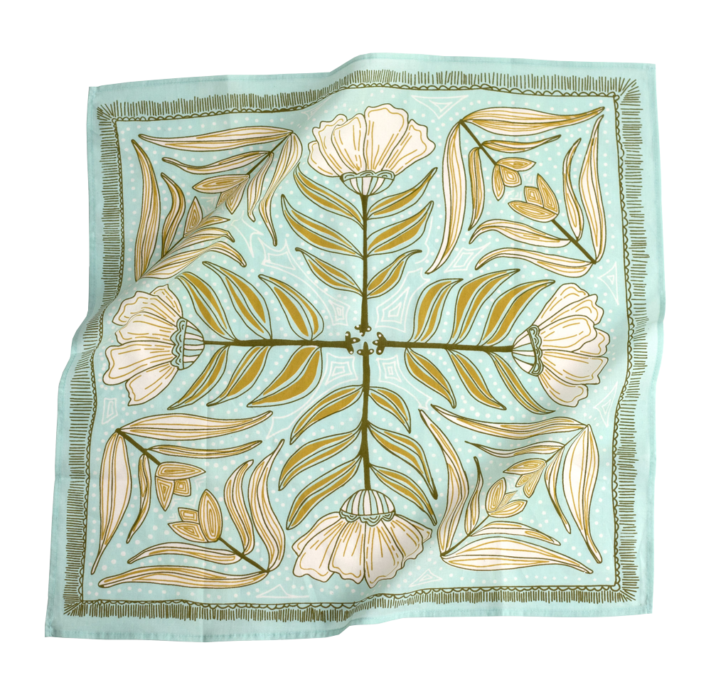 A light blue bandana with a floral pattern, featuring yellow flowers and green leaves, partially folded to show both sides.