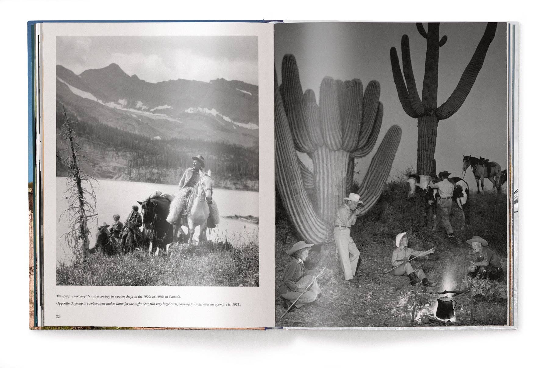 Open book showing black and white photos of people in outdoor settings with mountains and cacti.