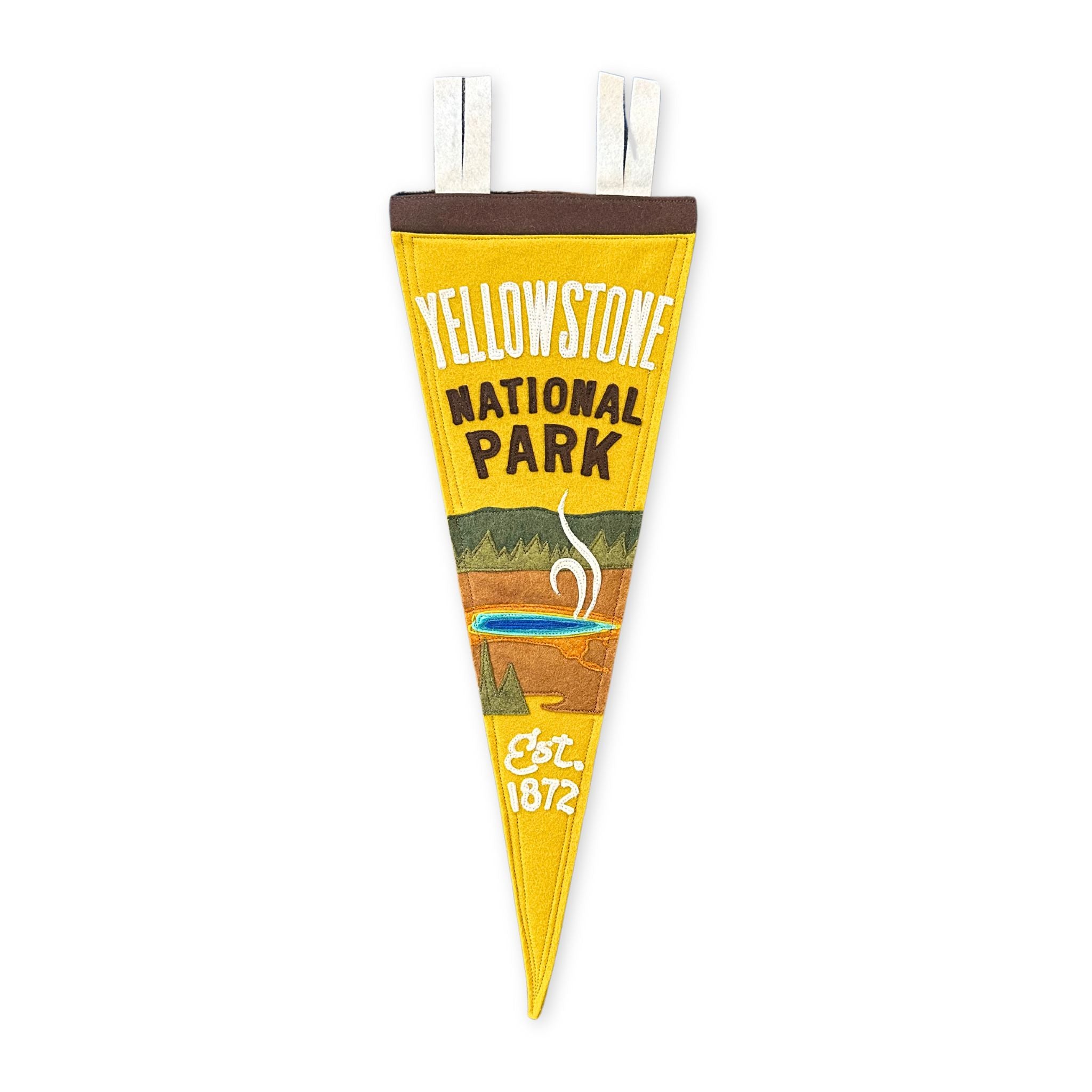 stitched felt pennant featuring the grand prismatic spring and the words yellowstone national park