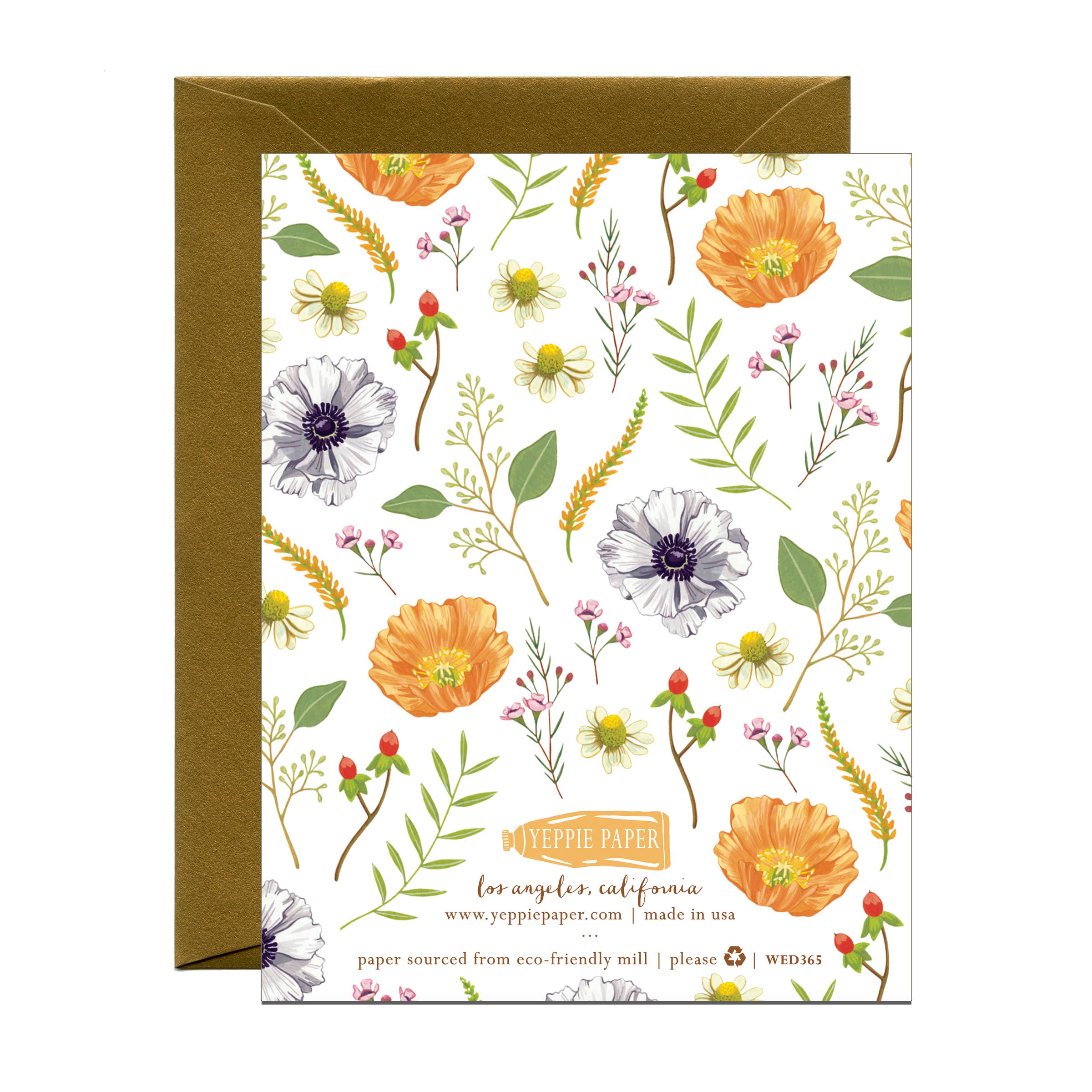 Floral patterned card with a brown envelope on a white background