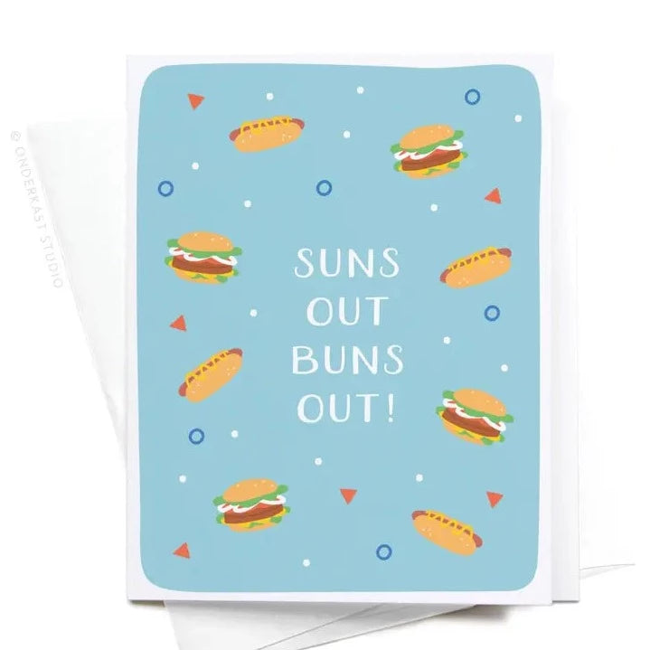 A blue greeting card with the text 'Suns Out Buns Out!' and illustrations of hamburgers. It also features a square flap envelope.