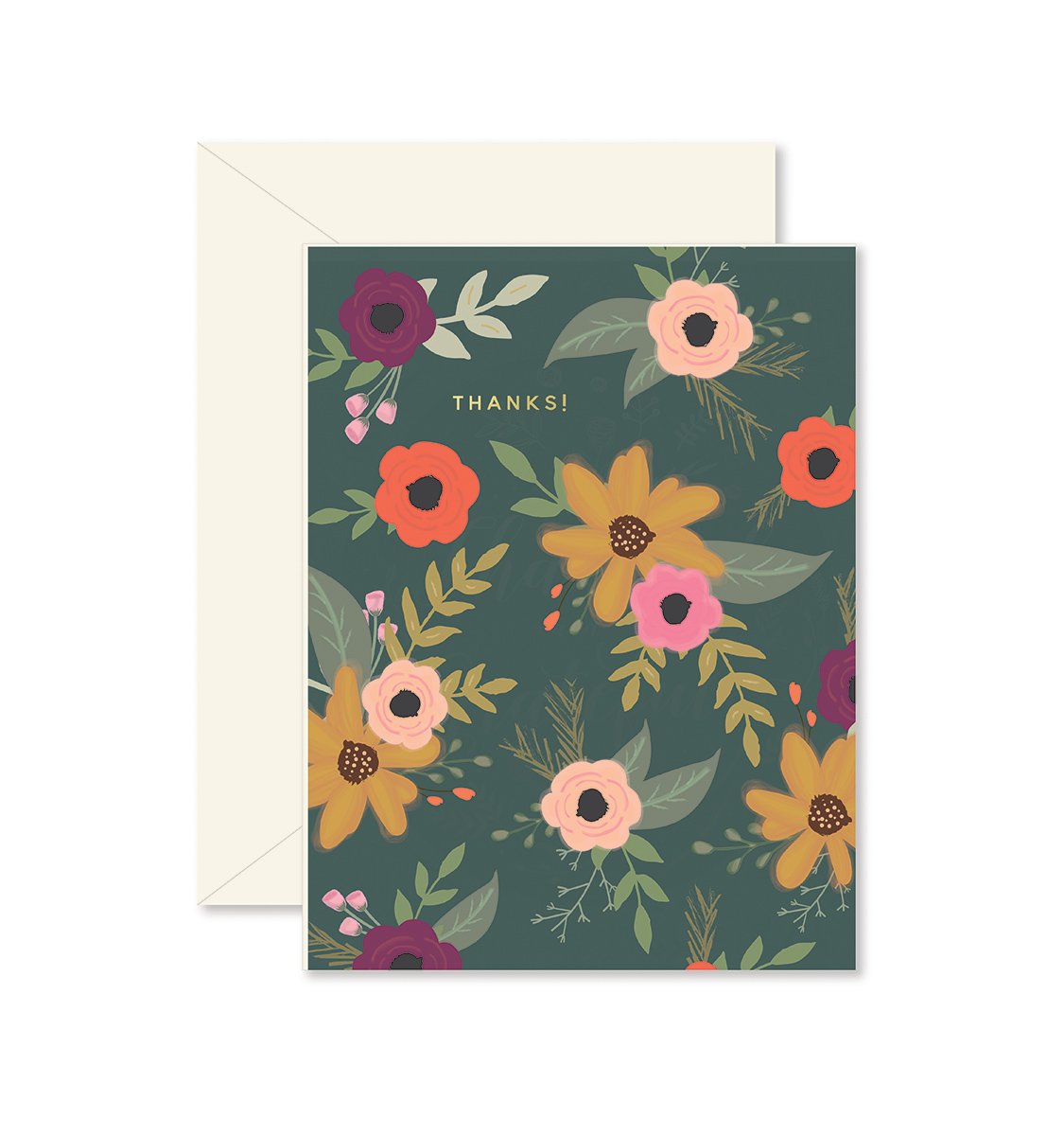 A floral thank you card with gold foil accents, displayed alongside its envelope.
