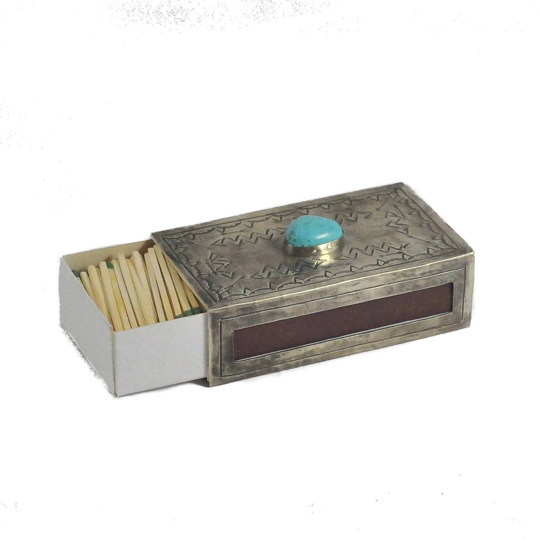 Large Silver Stamped Matchbox With Turquoise