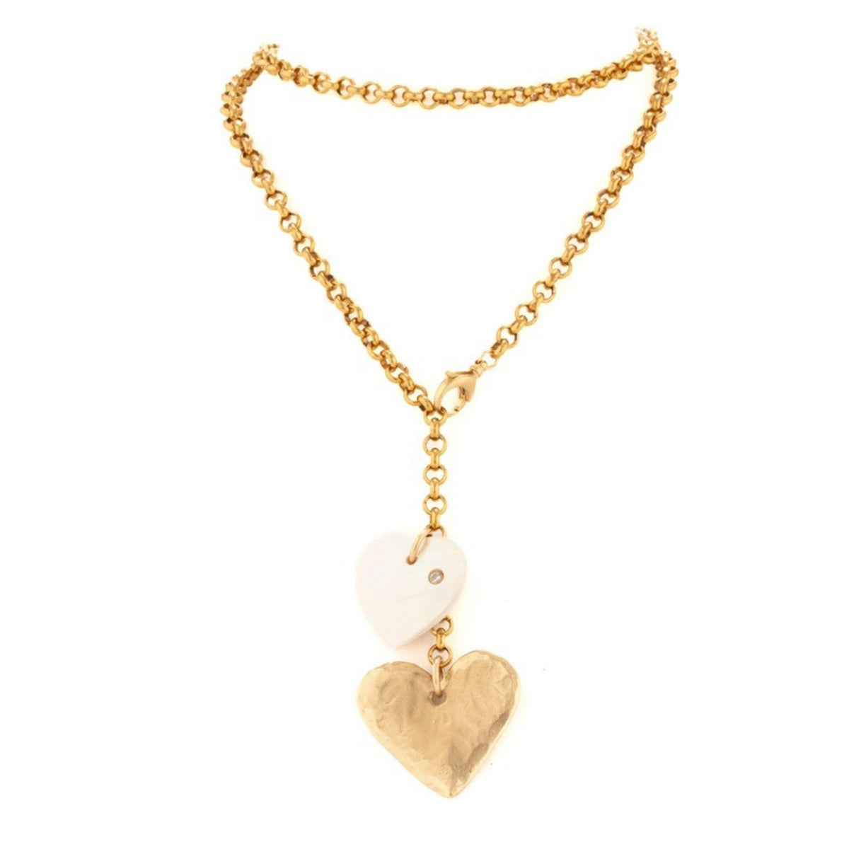 Rolo chain lariat necklace laid flat, with a clasp, a white heart charm and a hammered gold heart below it
