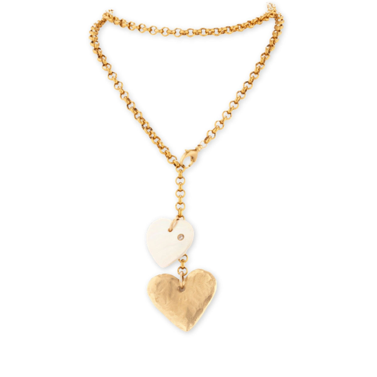 Manzat Necklace by Taylor & Tessier, a long gold rolo chain lariat with a white heart charm and hammered gold heart
