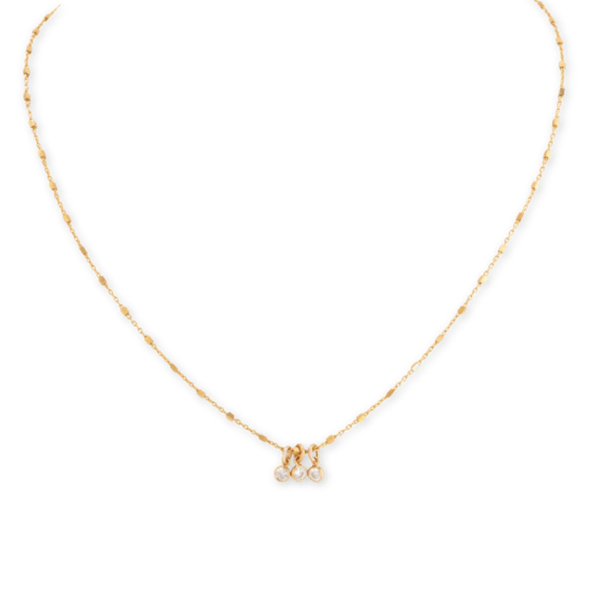 Xavier Necklace by Taylor & Tessier, a fine gold-filled chain necklace with three small crystal drop charms