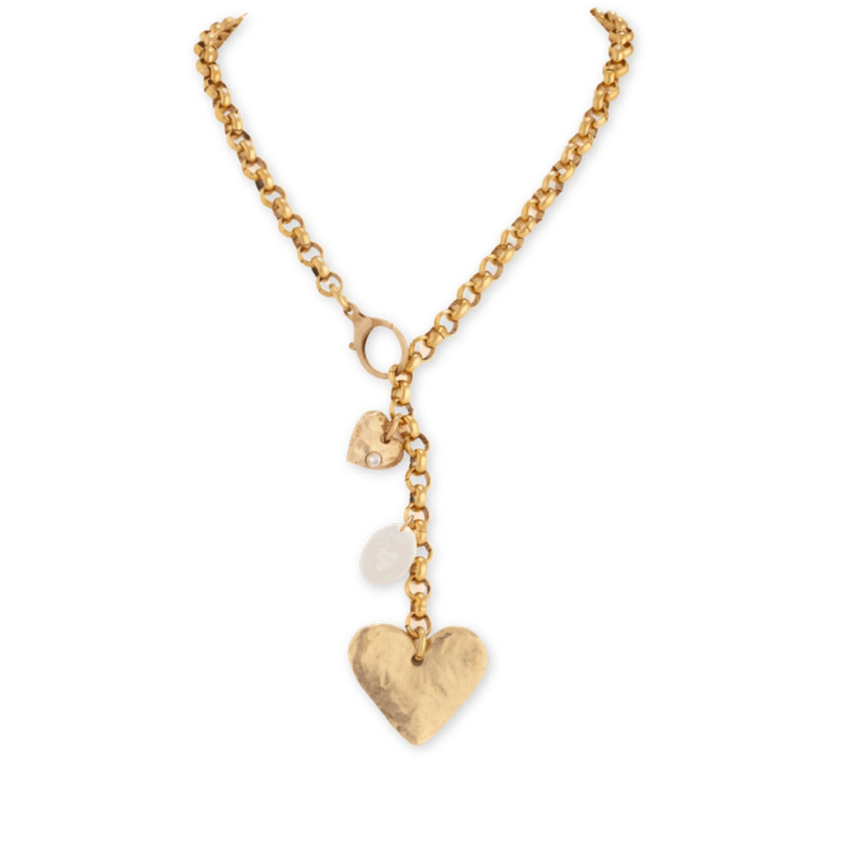 Love You More Necklace by Taylor & Tessier, a gold rolo chain necklace with a small gold heart and a pearl charm