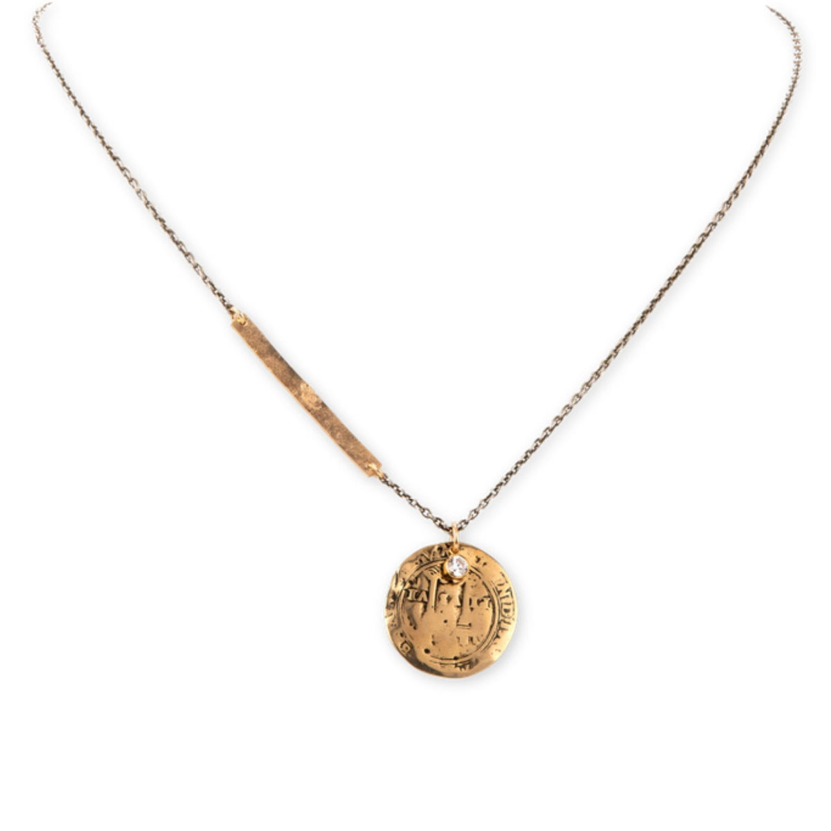 Alofi Mixed Metal Necklace by Taylor & Tessier, a thin chain with a hammered gold bar and a round engraved coin pendant