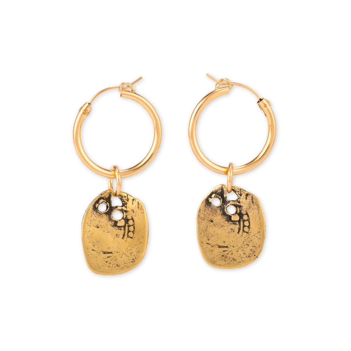 Clover Gold Hoop Earrings by Taylor & Tessier, gold-filled hoops with a hammered oval brass coin charm on each
