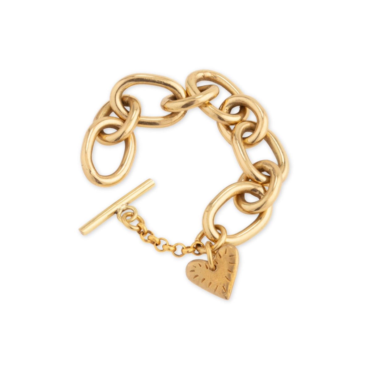Chunky Brass Heart Bracelet by Taylor & Tessier, a chunky oval link gold chain with a toggle clasp and engraved heart charm