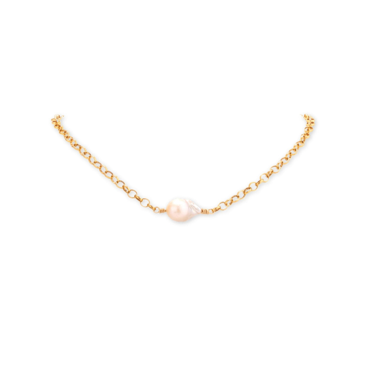 Pearl In The Rough Gold Necklace by Taylor & Tessier, a gold-filled rolo chain with a single baroque freshwater pearl