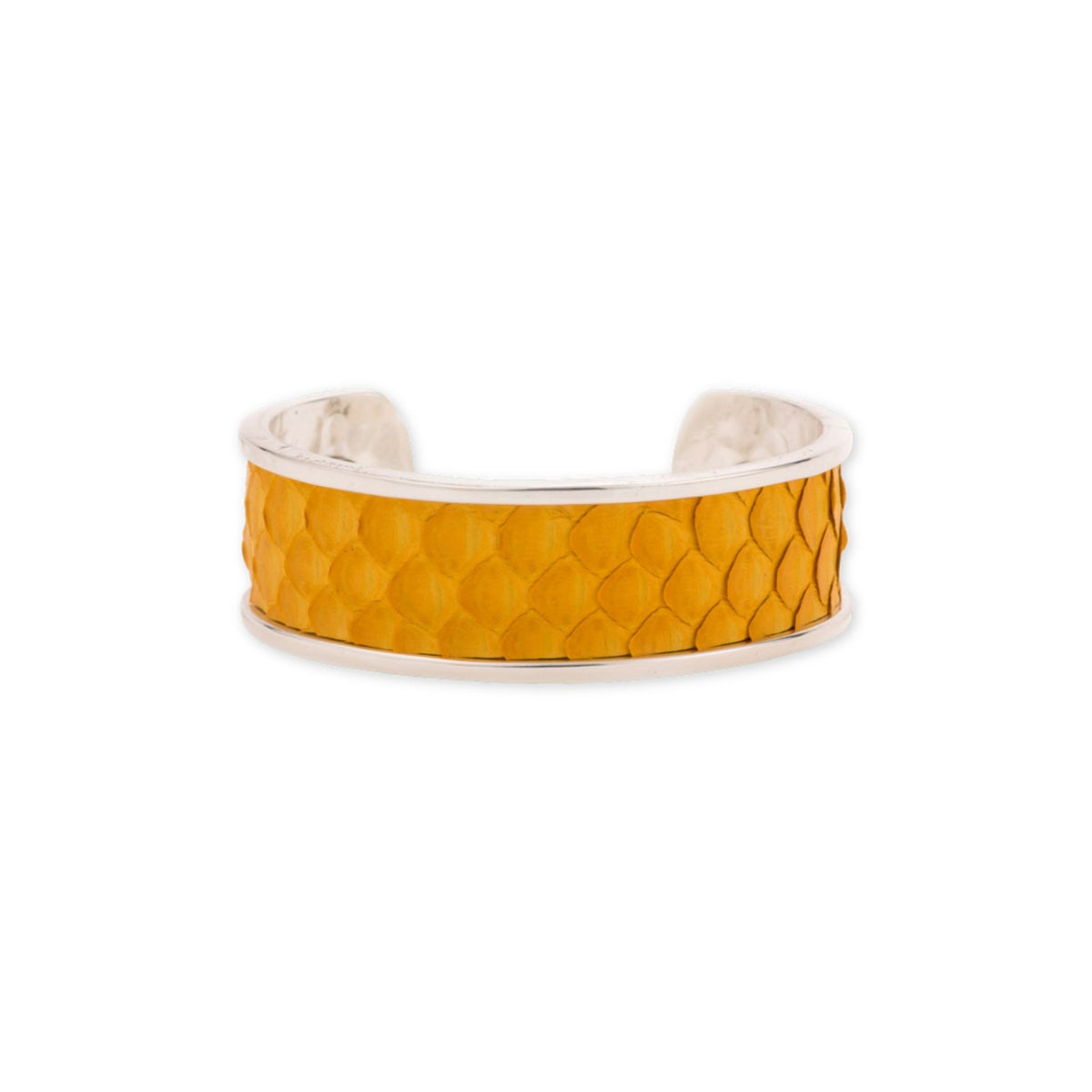 Mustard Silver Cuff bracelet by Taylor & Tessier, a sterling silver cuff with a mustard yellow python-embossed panel