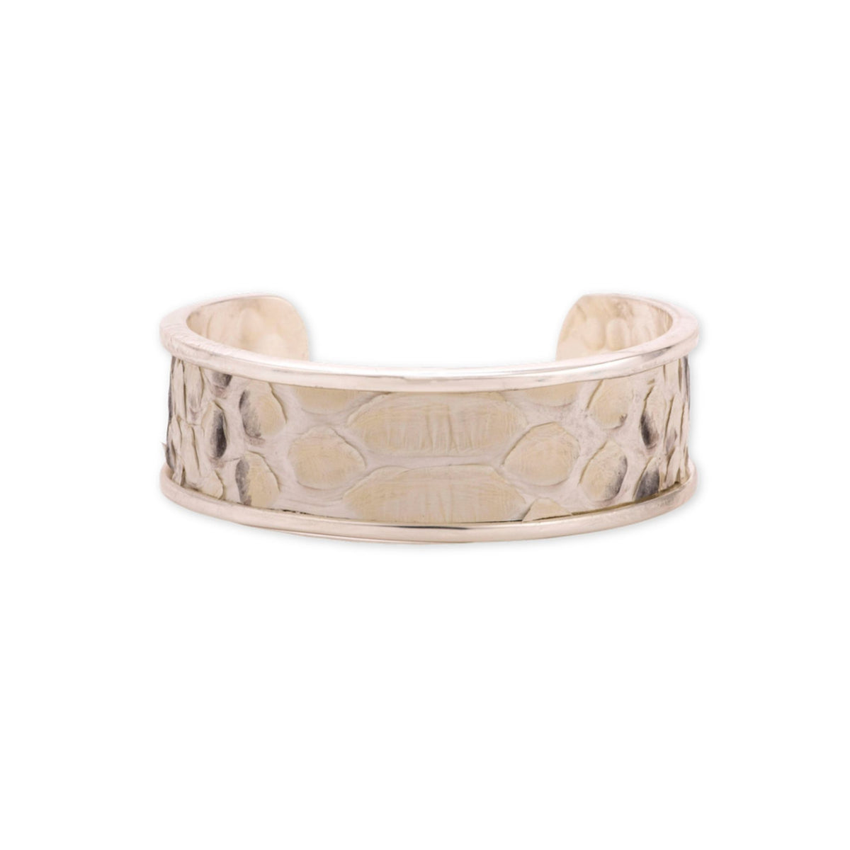 Black & White Silver Cuff bracelet by Taylor & Tessier, a sterling silver cuff with a black and white python panel