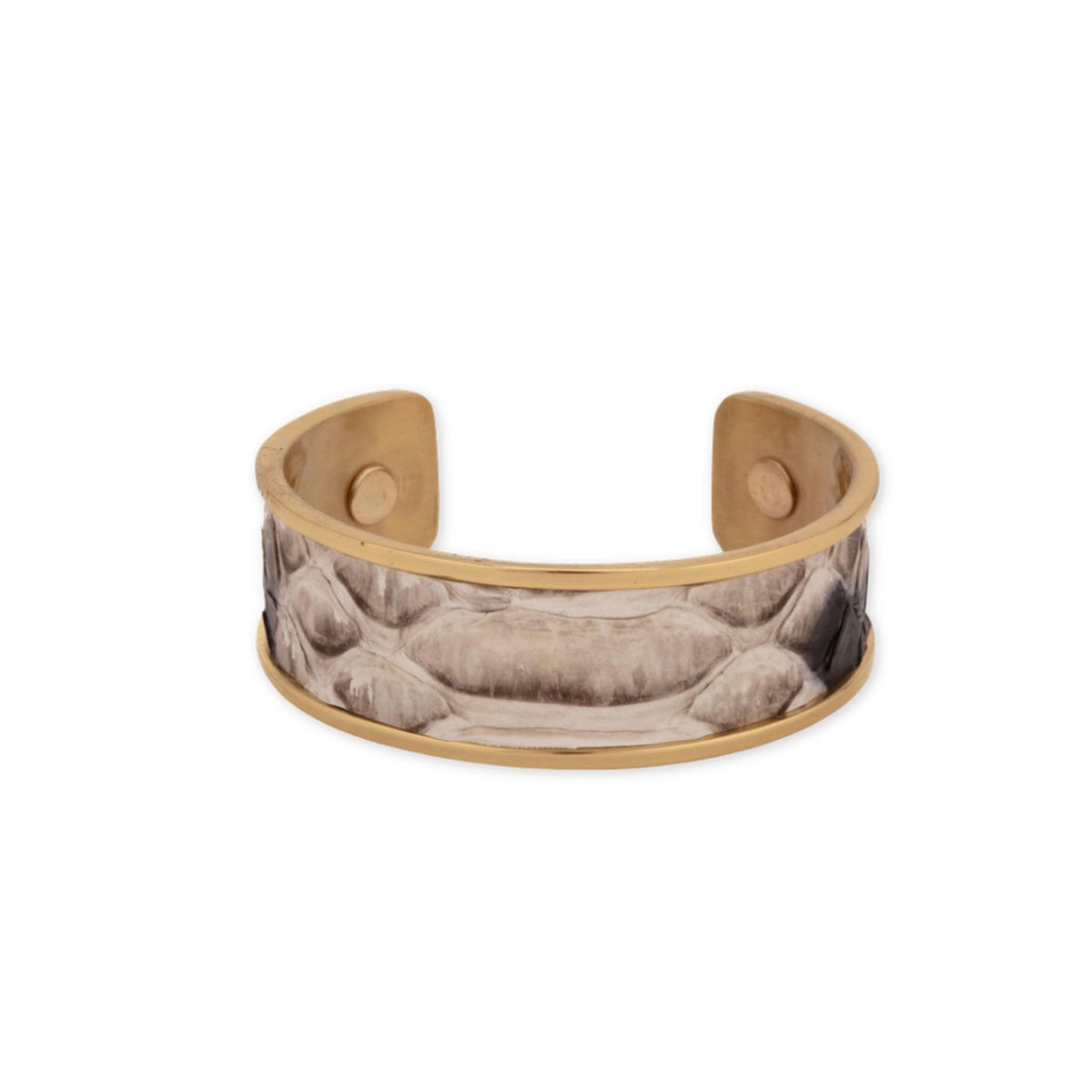 Black & White Gold Cuff bracelet by Taylor & Tessier, a brass cuff with a black and white python-patterned panel
