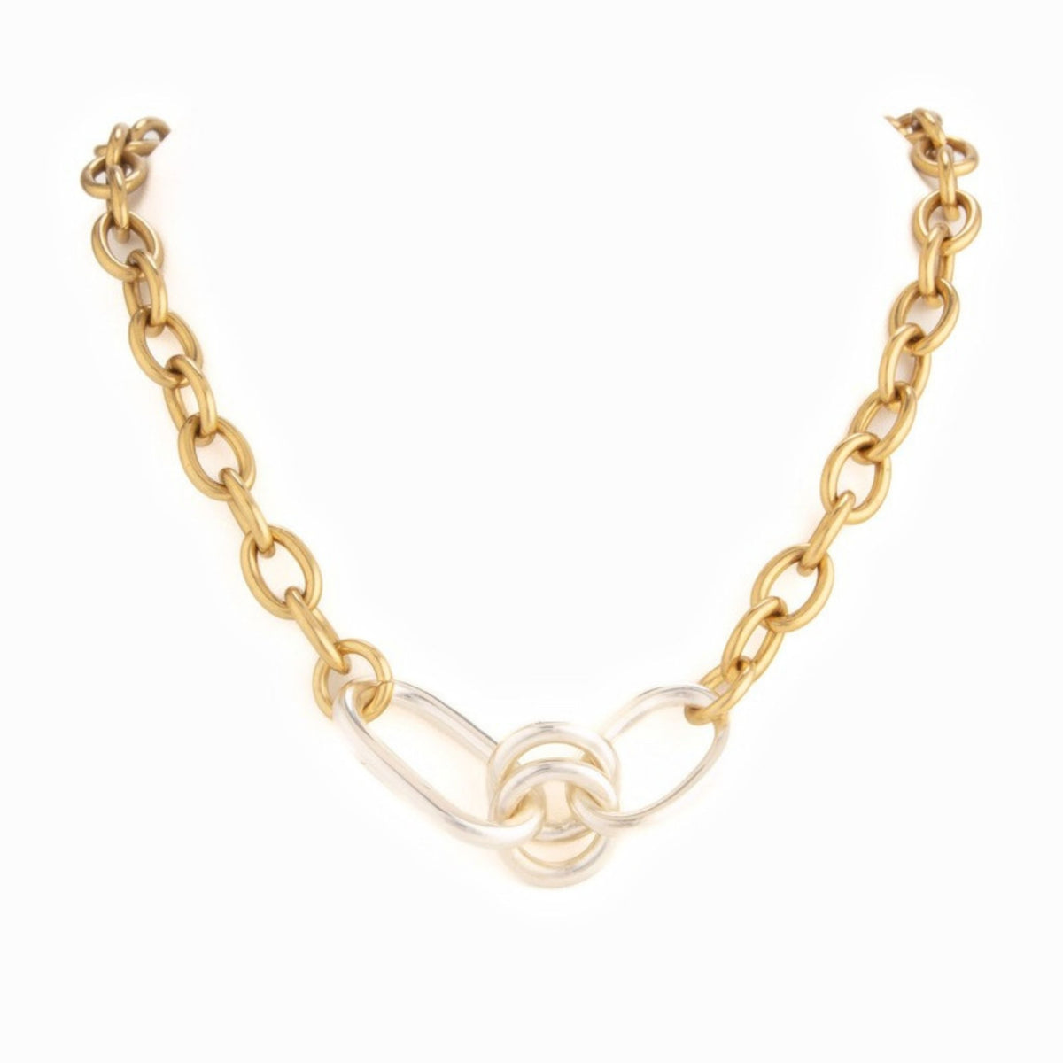 Chunky Brass Mixed Metal Chain Link necklace by Taylor & Tessier, gold oval links with a cluster of silver links