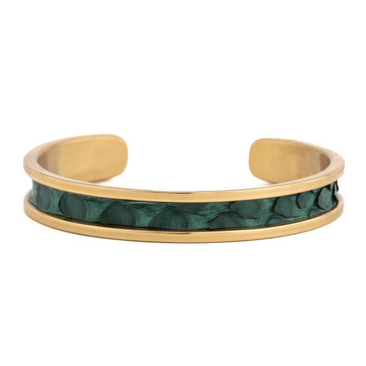 Small Taylor & Tessier cuff bracelet, .5in wide, front view, pine green python-embossed leather on a gold band