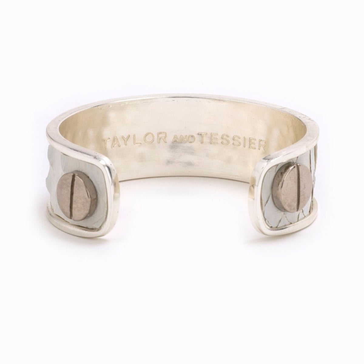 Medium Taylor & Tessier cuff bracelet, inside view, white python-embossed leather on a silver band