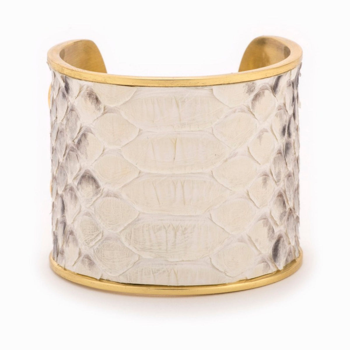Large Taylor & Tessier cuff bracelet, front view, black and white python-embossed leather on a gold band