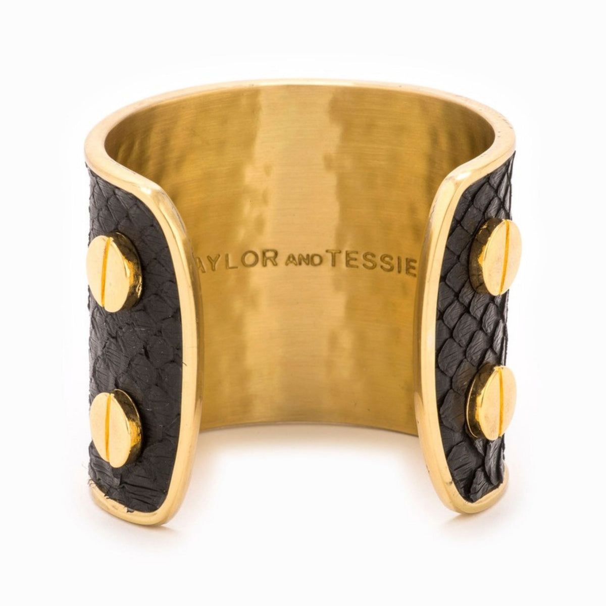 Large Taylor & Tessier cuff bracelet, inside view, black python-embossed leather on a gold band