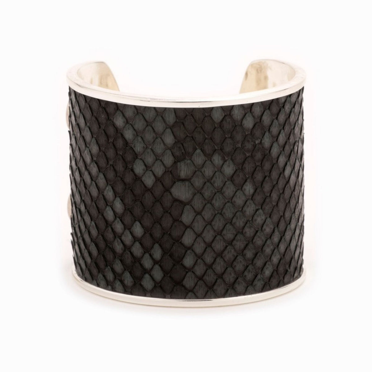 Large Taylor & Tessier cuff bracelet, front view, charcoal gray python-embossed leather on a silver band