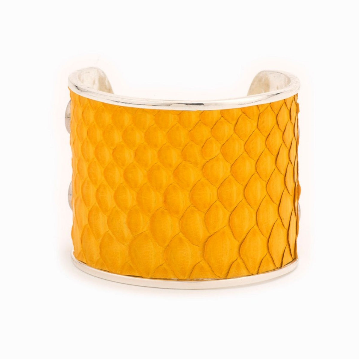 Large Taylor & Tessier cuff bracelet, front view, mustard yellow python-embossed leather on a silver band