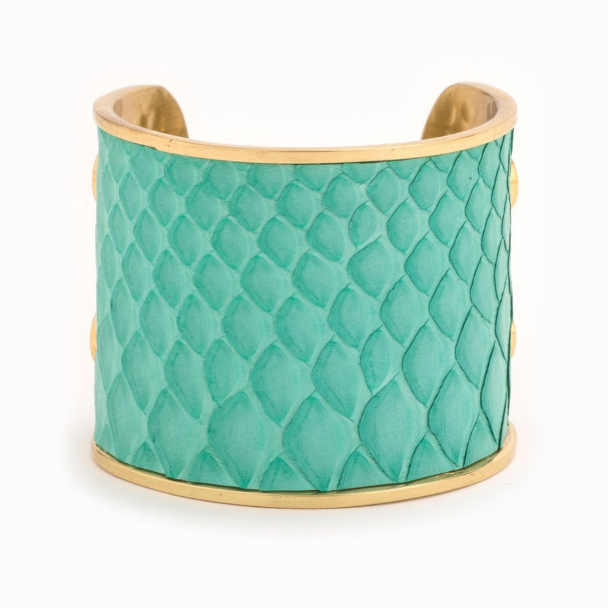 Large Taylor & Tessier cuff bracelet, front view, turquoise python-embossed leather on a gold band
