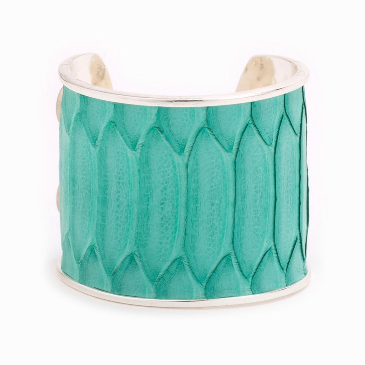 Large Taylor & Tessier cuff bracelet, front view, turquoise python-embossed leather on a silver band