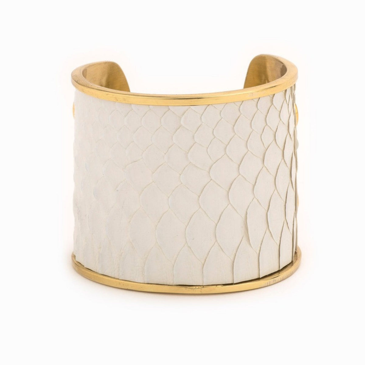 Large Taylor & Tessier cuff bracelet, front view, white python-embossed leather on a gold band