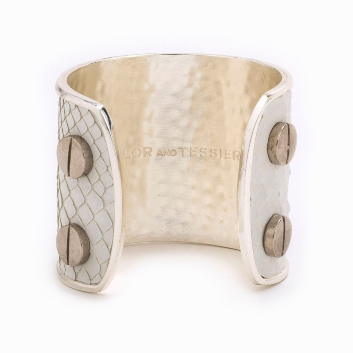 Large Taylor & Tessier cuff bracelet, inside view, white python-embossed leather on a silver band