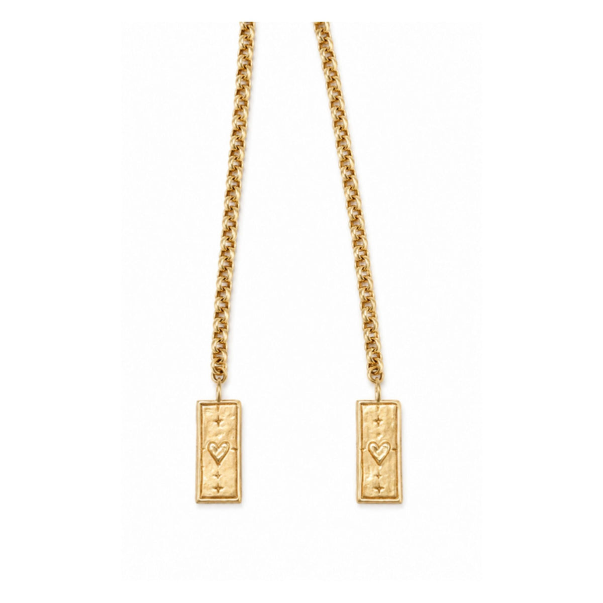 Sunny's Lariat Necklace gold chain with charm option 3, an etched heart charm, by Taylor & Tessier