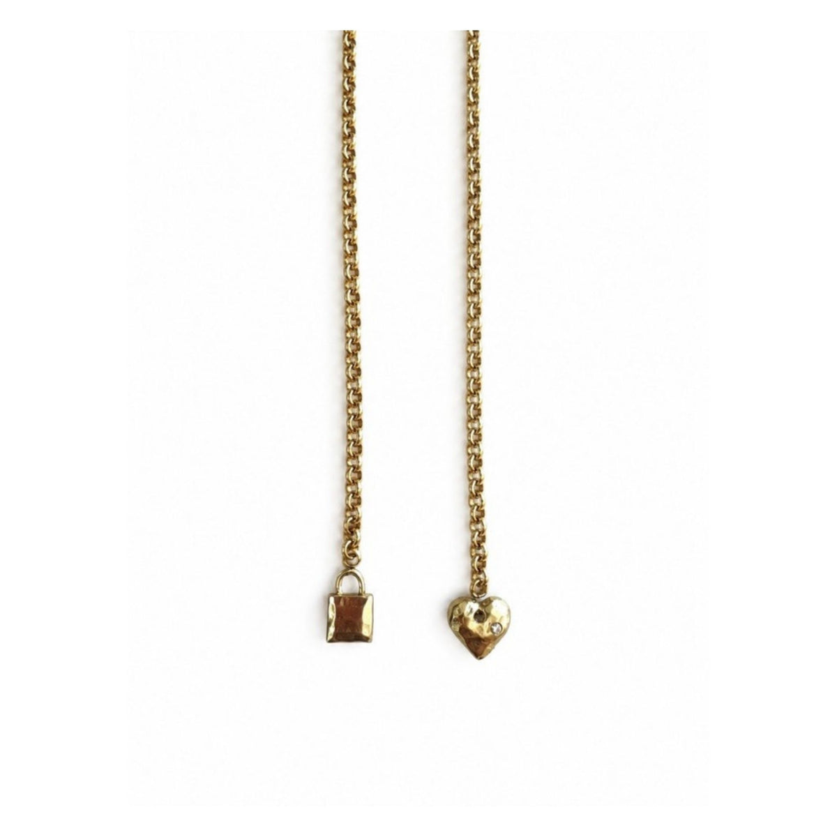 Sunny's Lariat Necklace gold chain with charm option 9, a puff heart and lock charm, by Taylor & Tessier