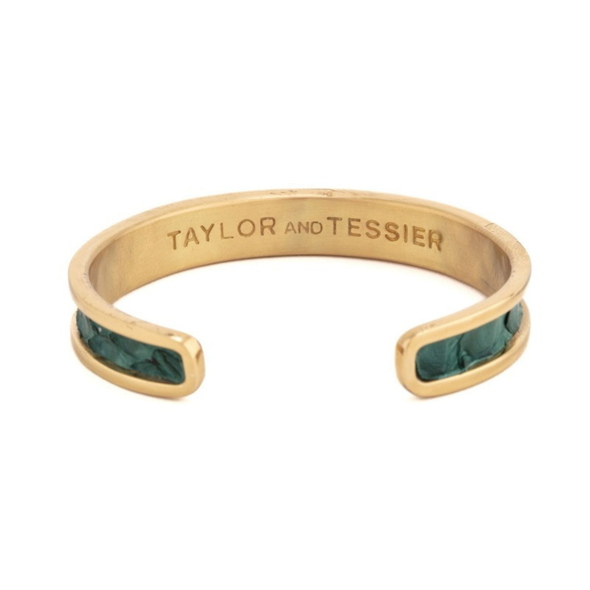 Small Taylor & Tessier cuff bracelet, .5in wide, inside view, pine green python-embossed leather on a gold band