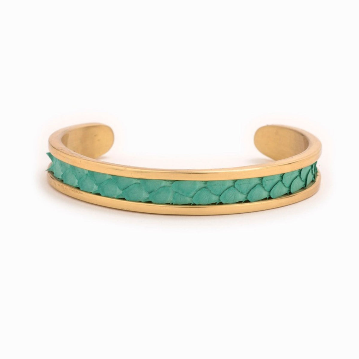 Small Taylor & Tessier cuff bracelet, .5in wide, front view, turquoise python-embossed leather on a gold band