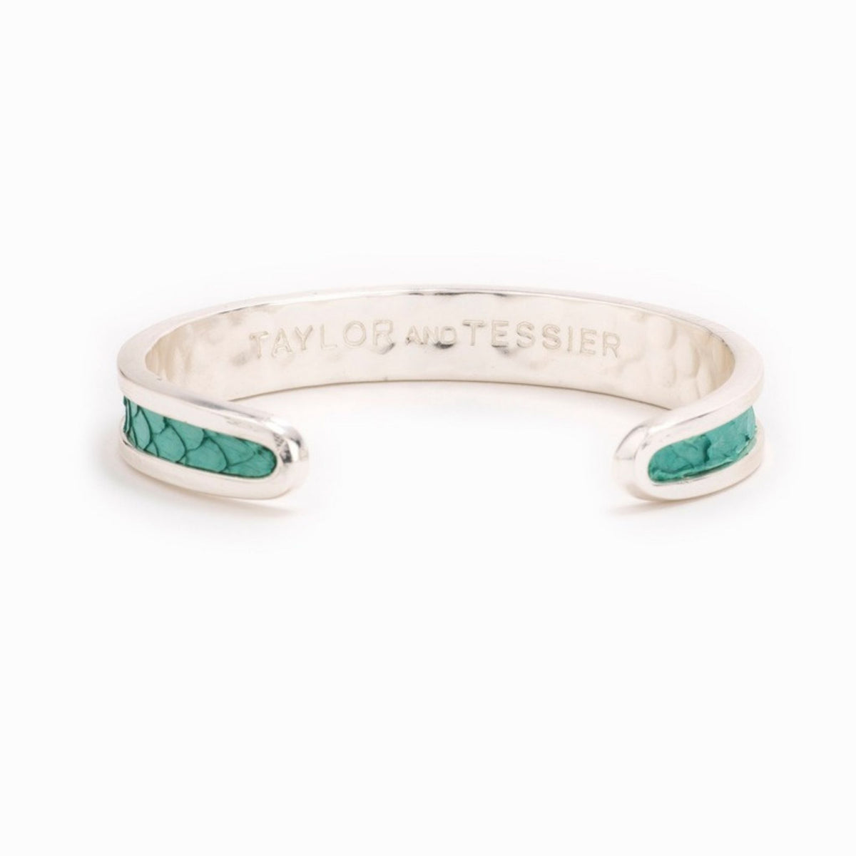 Small Taylor & Tessier cuff bracelet, .5in wide, inside view, turquoise python-embossed leather on a silver band