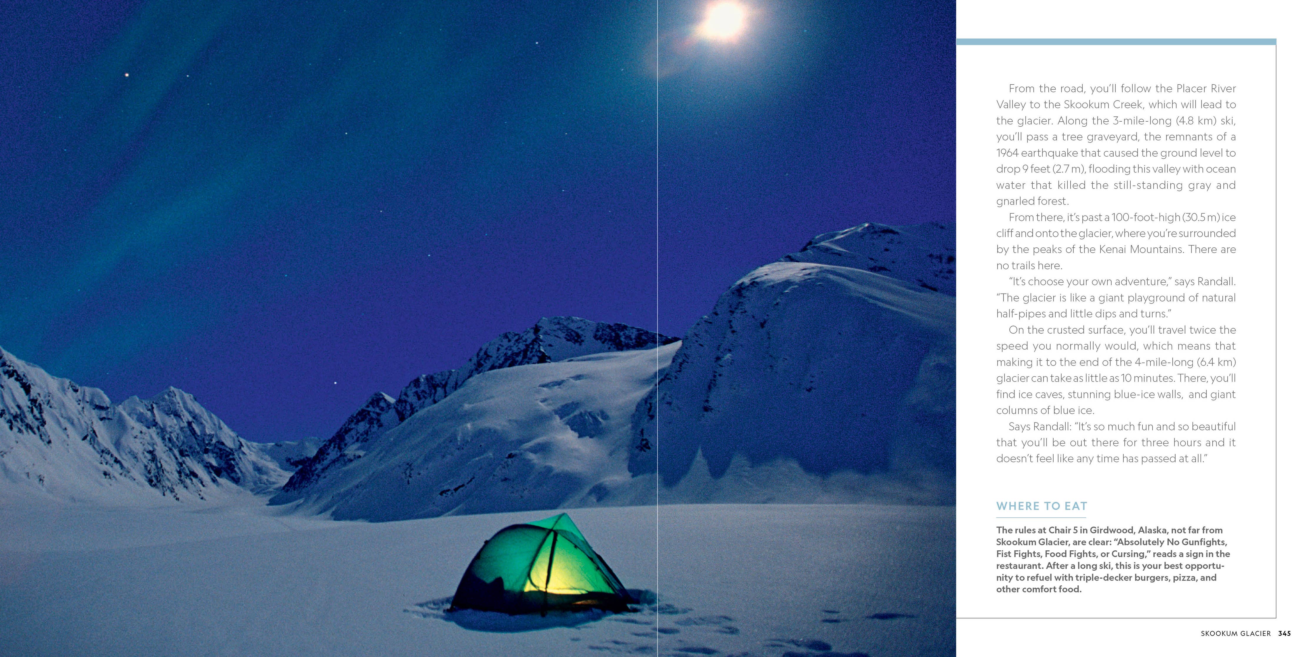 A printed travel-style spread with a snowy mountain landscape at night on the left and descriptive text on the right. A glowing green tent sits in the snow under a bright moon, and the right page contains paragraphs of text about the region.
