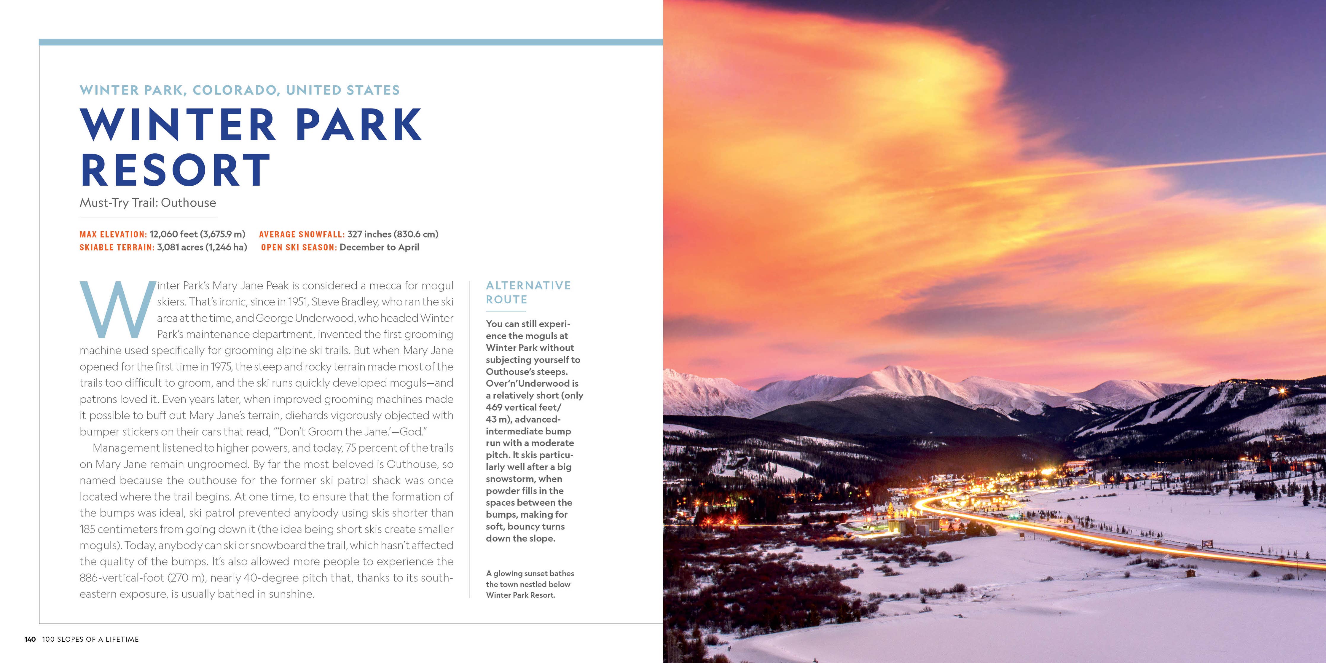 Magazine layout with Winter Park Resort article and mountain landscape at sunset.