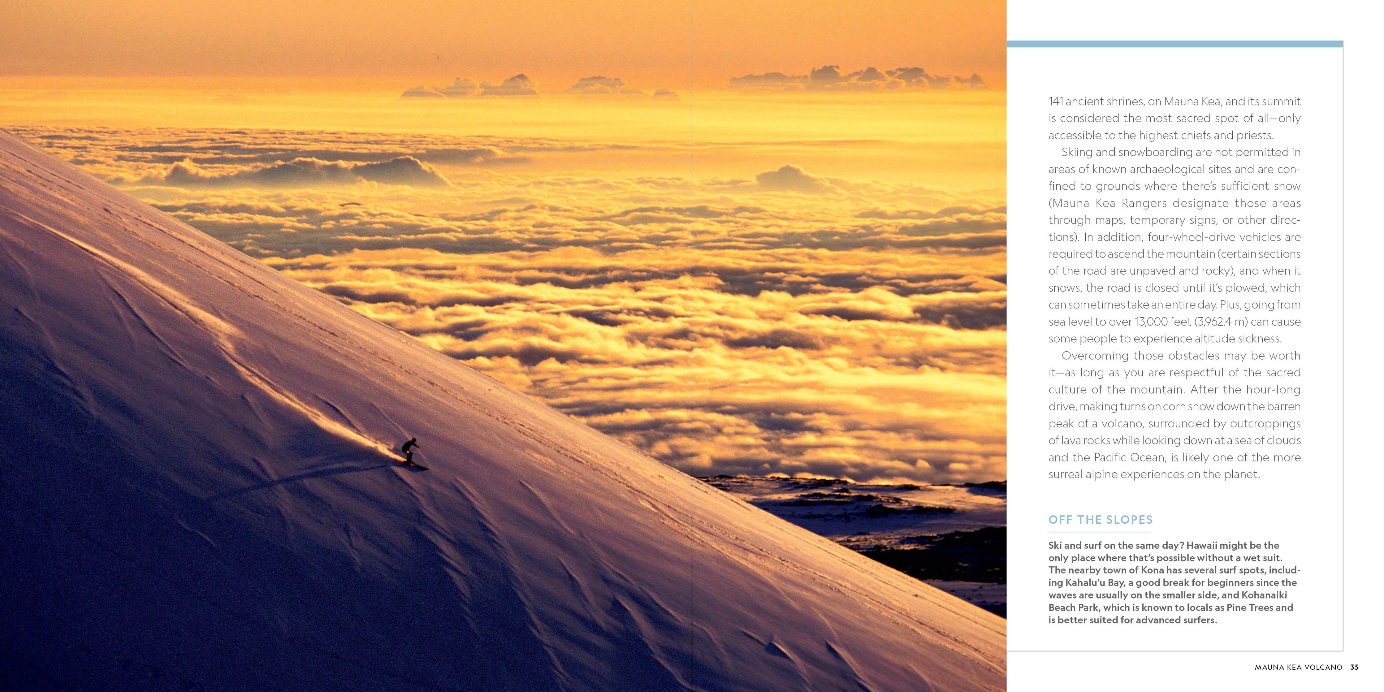 A printed travel-style page with a large scenic photograph of a snow-covered mountain slope under a golden sky, alongside columns of text on the right. The page appears to be from a magazine or brochure, with a vertical fold line down the center.