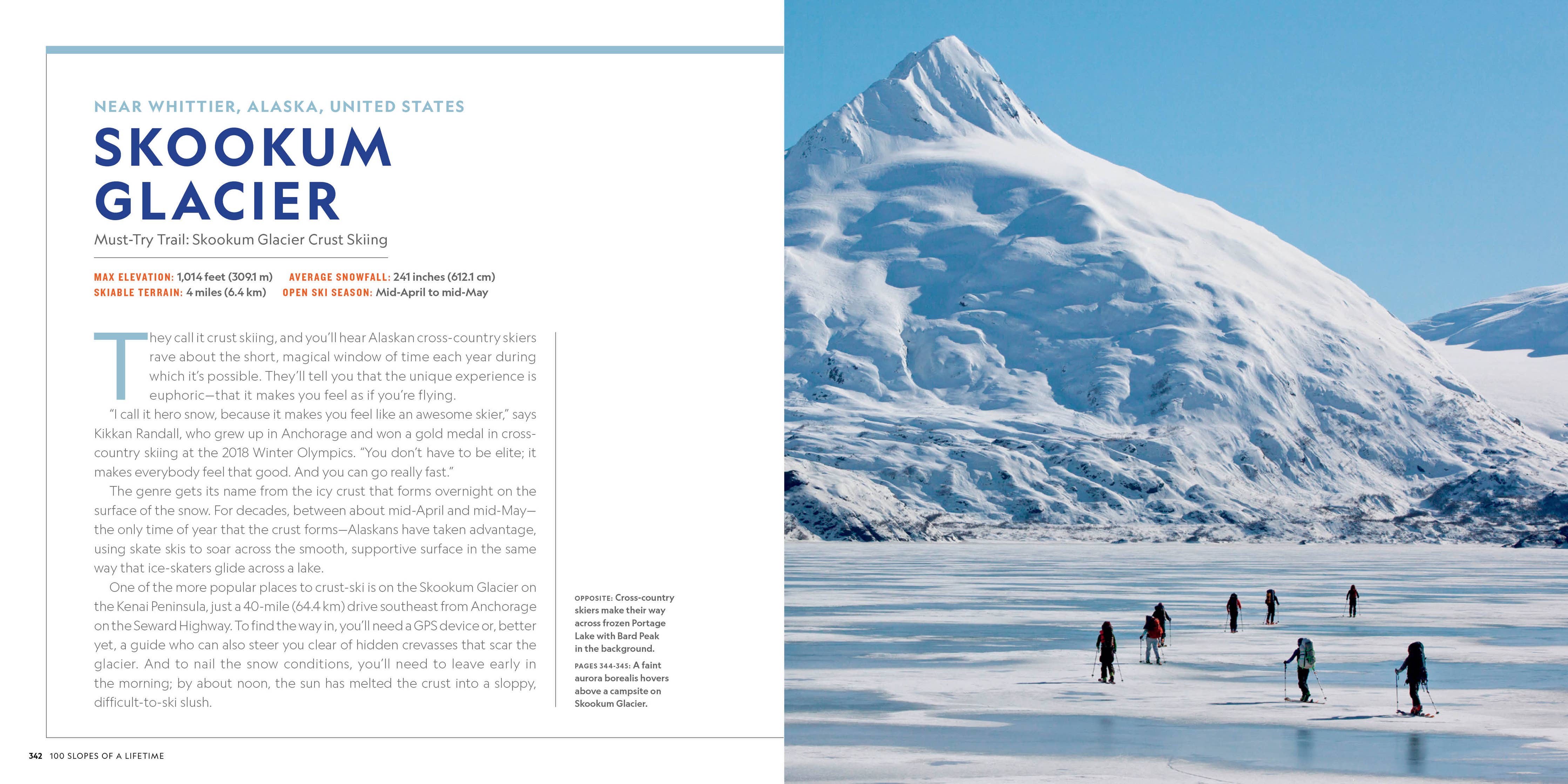 A magazine-style spread featuring a large scenic photograph of Skookum Glacier with snow-covered mountains and small people skating on the ice, alongside a wide text column with the headline 'SKOOKUM GLACIER' and author/credit details.