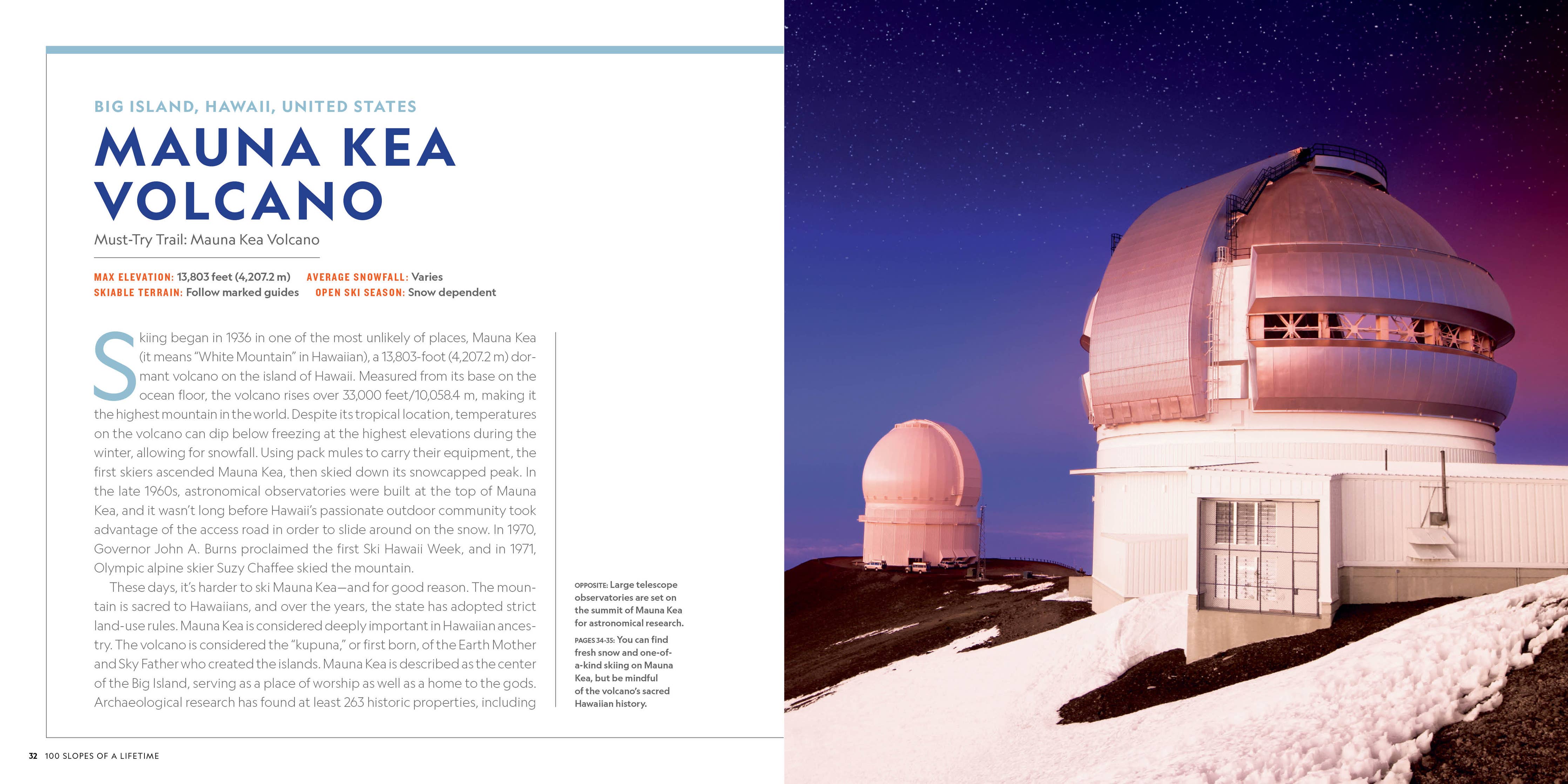 A printed travel-style page featuring a photograph of Mauna Kea Observatory domes against a starry night sky, with large title text reading 'MAUNA KEA VOLCANO' and descriptive body text on the left side.