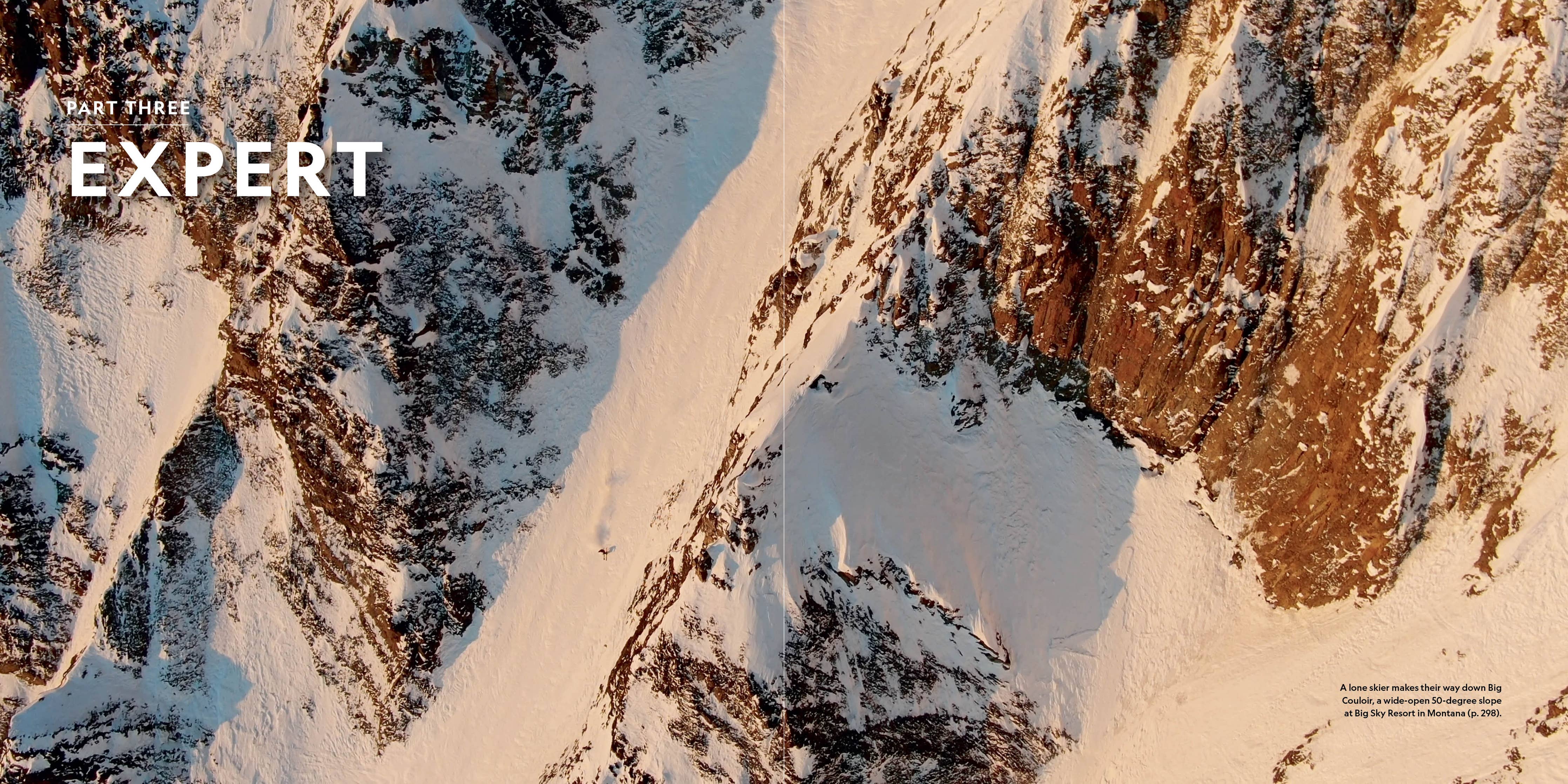 Aerial view of a mountain landscape with snow and rocky terrain, labeled 'Expert' on the top left.