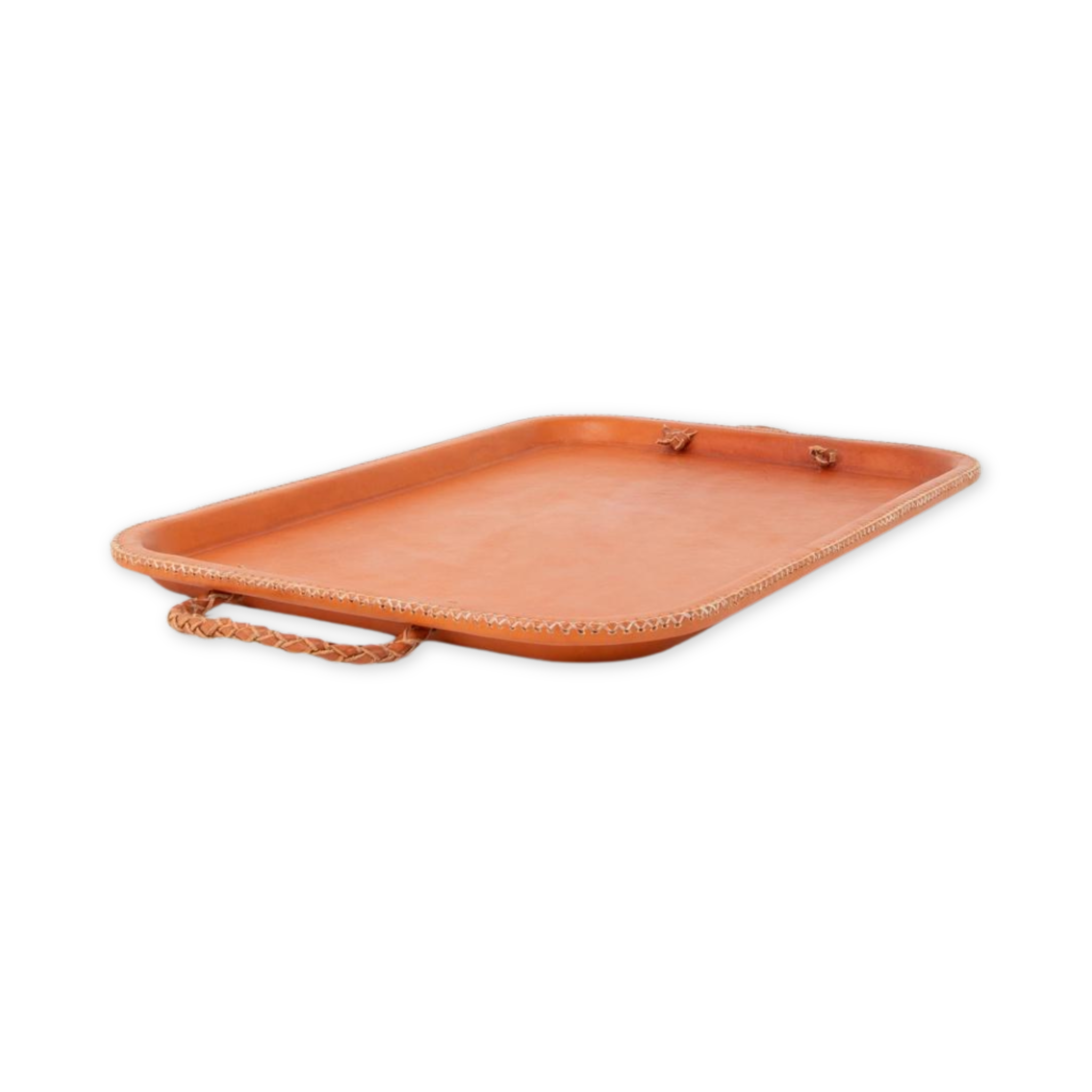 handmade tan leather tray with stitched edges and braided handles