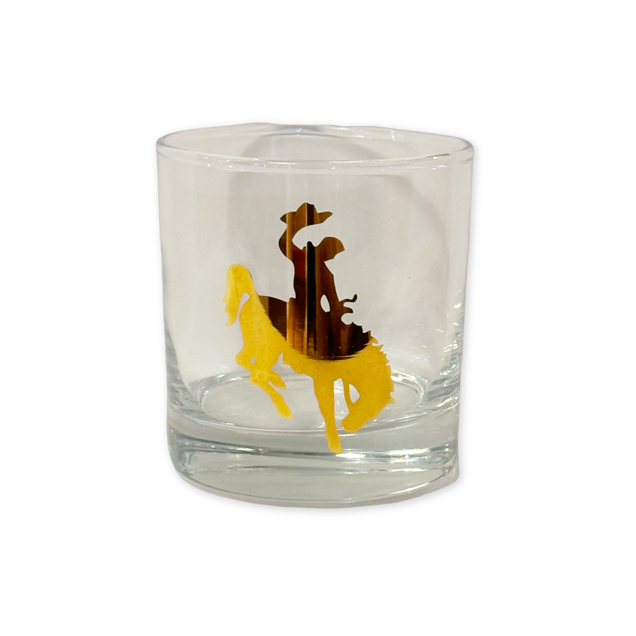 single old fashioned glass with a gold wyoming bronco design