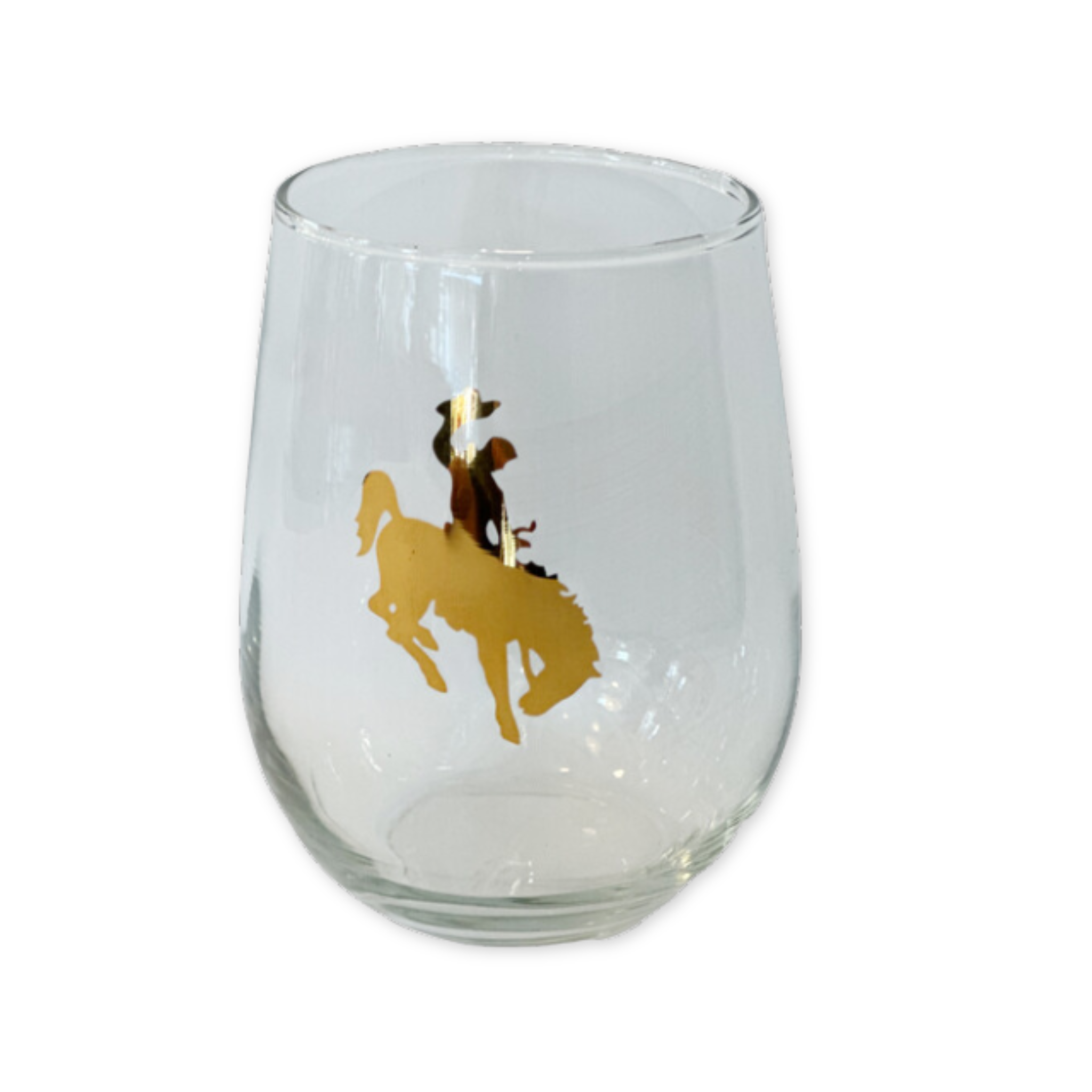 single wine glass with a gold wyoming bronco